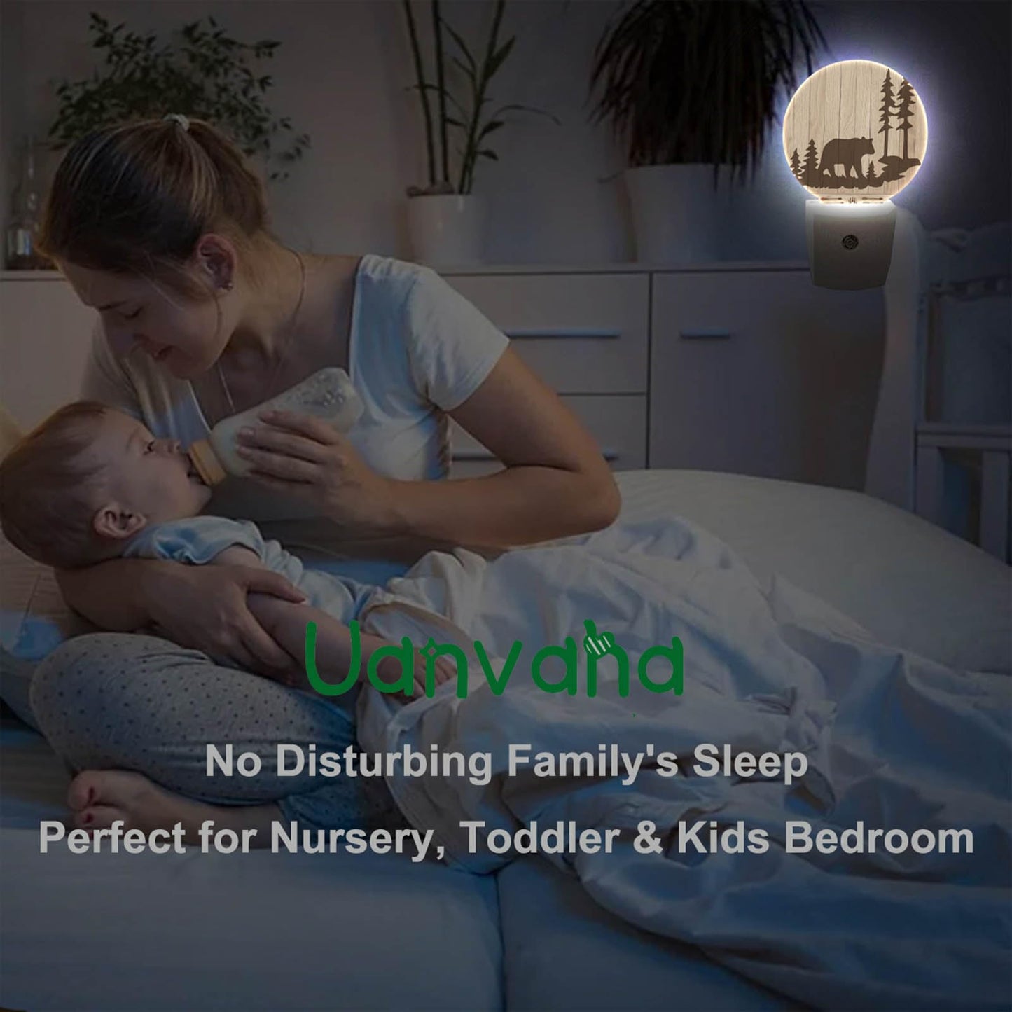 Uanvaha Bear Night Lights Plug into Wall Wildlife Cute Brown Bear Trees Woods Silhouette Night Light Dusk to Dawn Sensor LED Lighting for Bedroom Bathroom Living Room