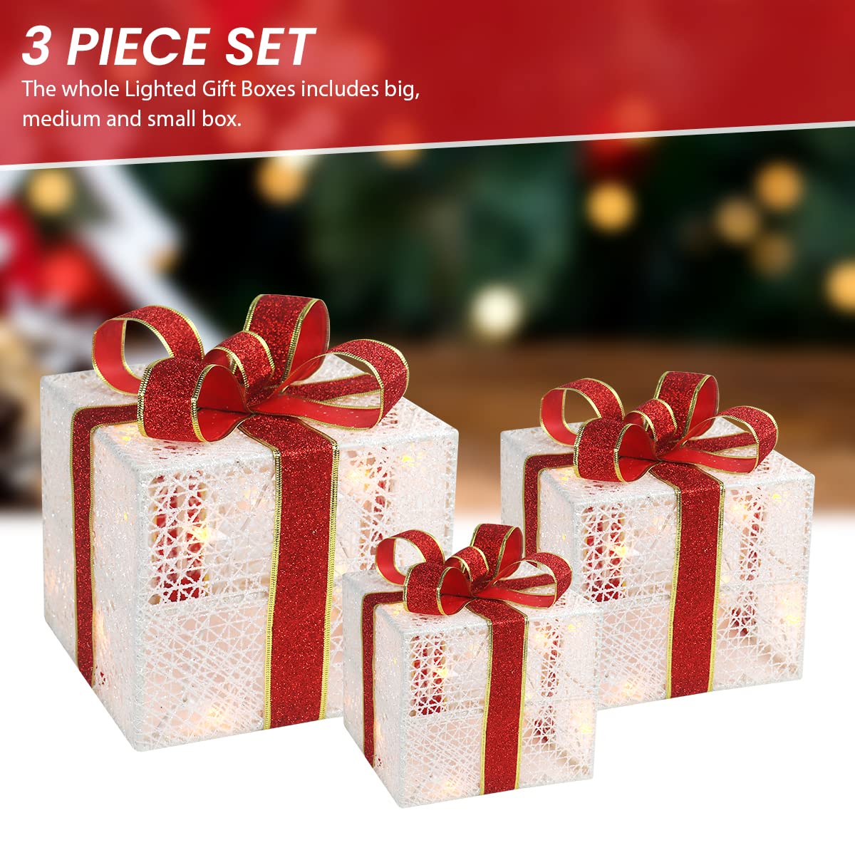 3-Piece Lighted Gift Boxes - Pre Lit Christmas Decoration with Ribbons for Indoor/Outdoor Use (8in) - Weather Resistant Yard Home Decor with Warm UL Lights