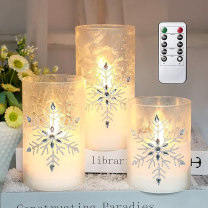 Christmas Flameless Candles, Jeweled Snowflake Iced Glass Candle, LED Flickering Pillar Candle with Timer&Remote for Xmas,Home Decor,Holiday,Set of 3 (D 3” X H 4” 5” 6”)