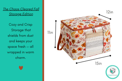 Chaos Cleared Canvas Storage Bags Designer Organizer 2 Pack – Seasonal Storage for Sweaters, Blankets, Linens & Garments – Foldable Design with Zip & Window (Autumn Print)