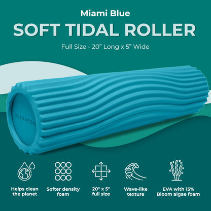 Oceanfoam Soft Tidal Roller (Miami Blue) - Low Density Foam Roller for Physical Therapy, Back Pain, Exercise & Stretching - Wave Textured - Yoga, Athletics, & Wellness - Full Size, 20" x 5"