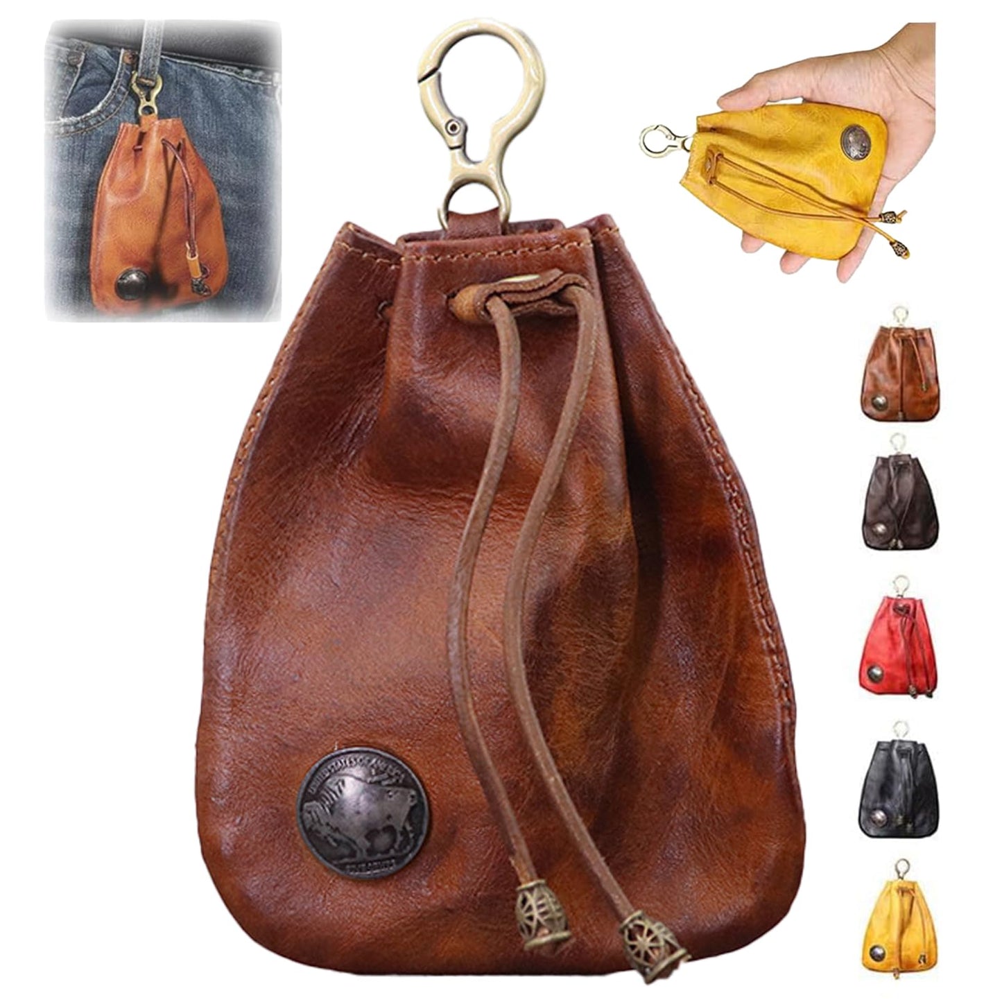 Simple Cowhide Retro Storage Bag 2025 New Leather Drawstring Coin Purse Small Purses Wallets for Women Man Leather Coin Pouch Change Purse Mini Coin Purse Keychain Wallet Mens Coin Pouch (Brown)