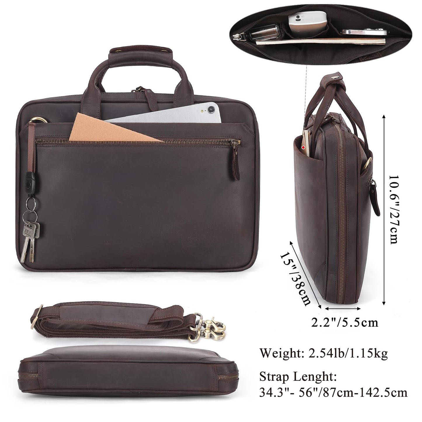 Masa Kawa Leather Slim Briefcase for Men Fits 14" Laptop, Crossbody Shoulder Messenger Computer Bag Vintage Business Work Lawyer Attache Case