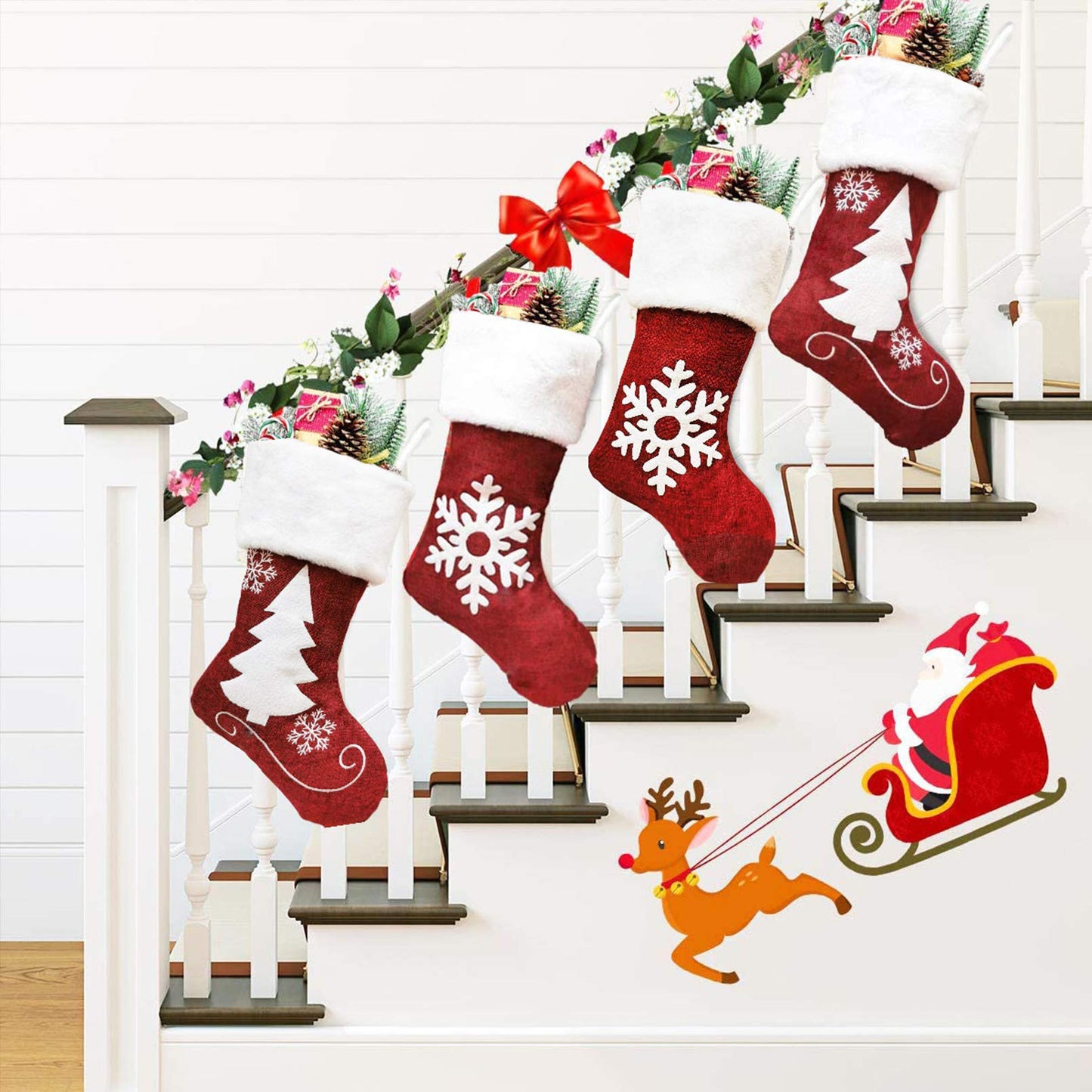Christmas Stockings, 2 Pcs 18 inches Christmas Stockings, Burlap with Large Plush Cuff Stockings, for Family Holiday Xmas Party Decorations