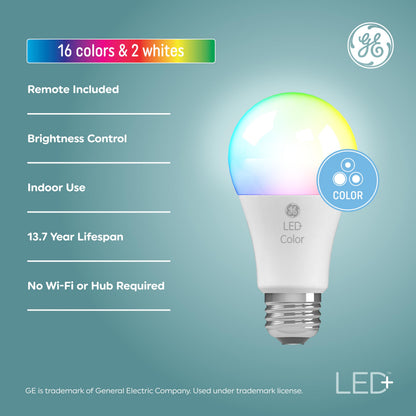 GE LED+ Color Changing LED Light Bulbs with Remote, No App or Wi-Fi Required, A19 Standard Bulbs (2 Pack)
