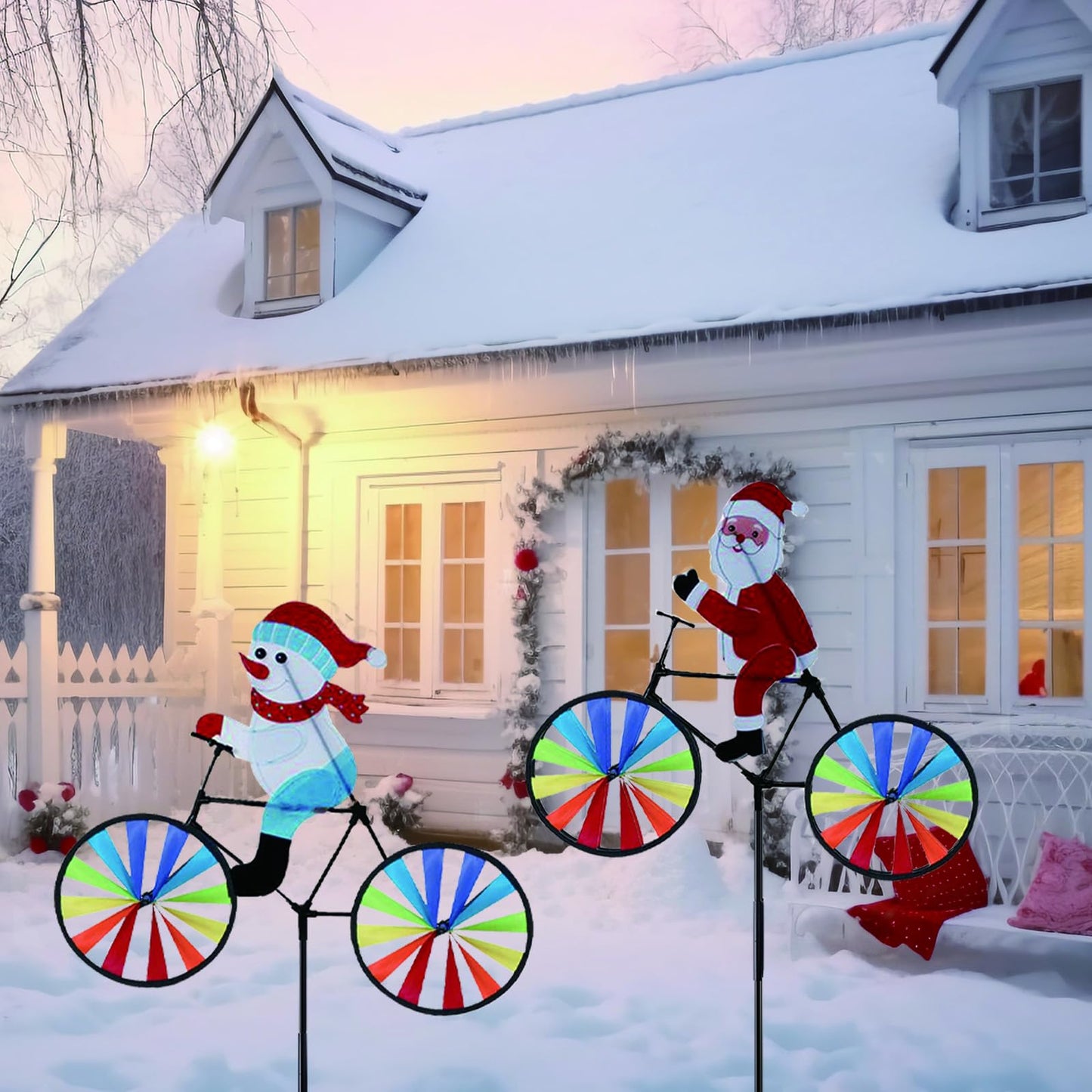 2 Pack 20 Inches Christmas Santa & Snowman Bike Spinner Decorations Pinwheels with Stakes Windmill Wind Spinners Outdoor for Yard Garden Lawn, Large Pin Wheels Christmas Accessories Gifts for Kids