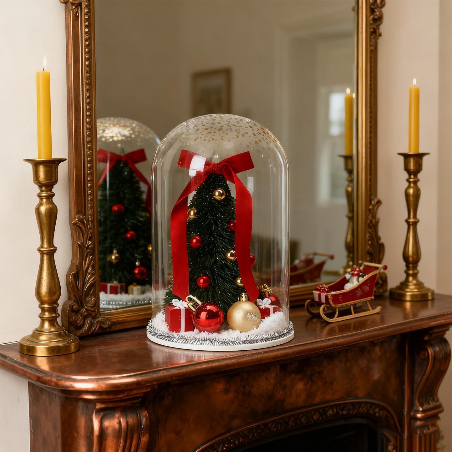 Christmas Decorations Table Centerpieces, Christmas Tree with Ornaments in Dome Cloche, Xmas Winter Tabletop Decor for Tiered Tray Shelf Mantel Fireplace Coffee Table Office Desk Holiday Decoration
