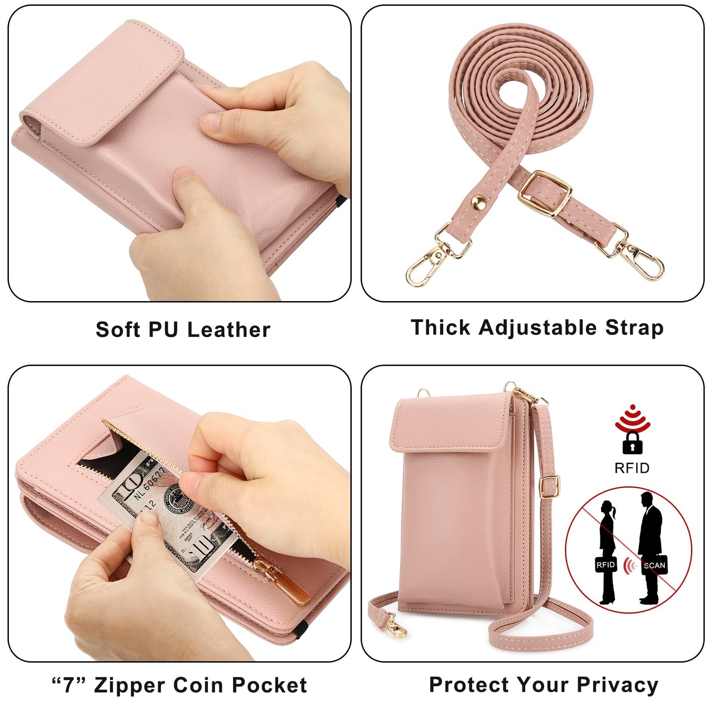 DOB SECHS Leather Passport Wallet Crossbody Phone Bag, RFID Blocking Passport Holder Credit Cards Case for Women, Travel Accessories Organizer Neck Wallet Pouch Bag with Adjustable Strap, Pink