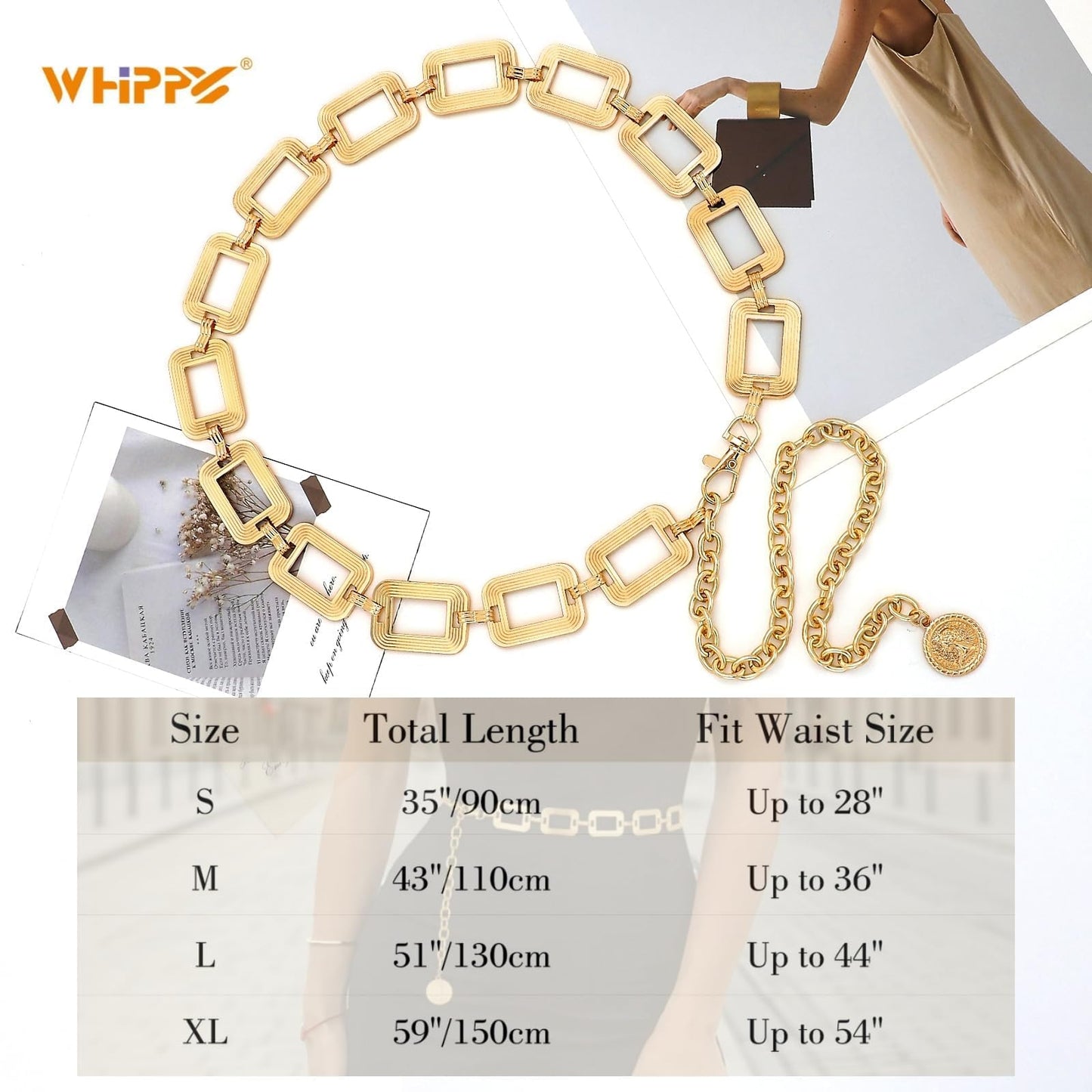WHIPPY Metal Waist Chain Belt Women Adjustable Body Link Belts Ladies Fashion Chain for Jeans Dress, Gold Rectangle M