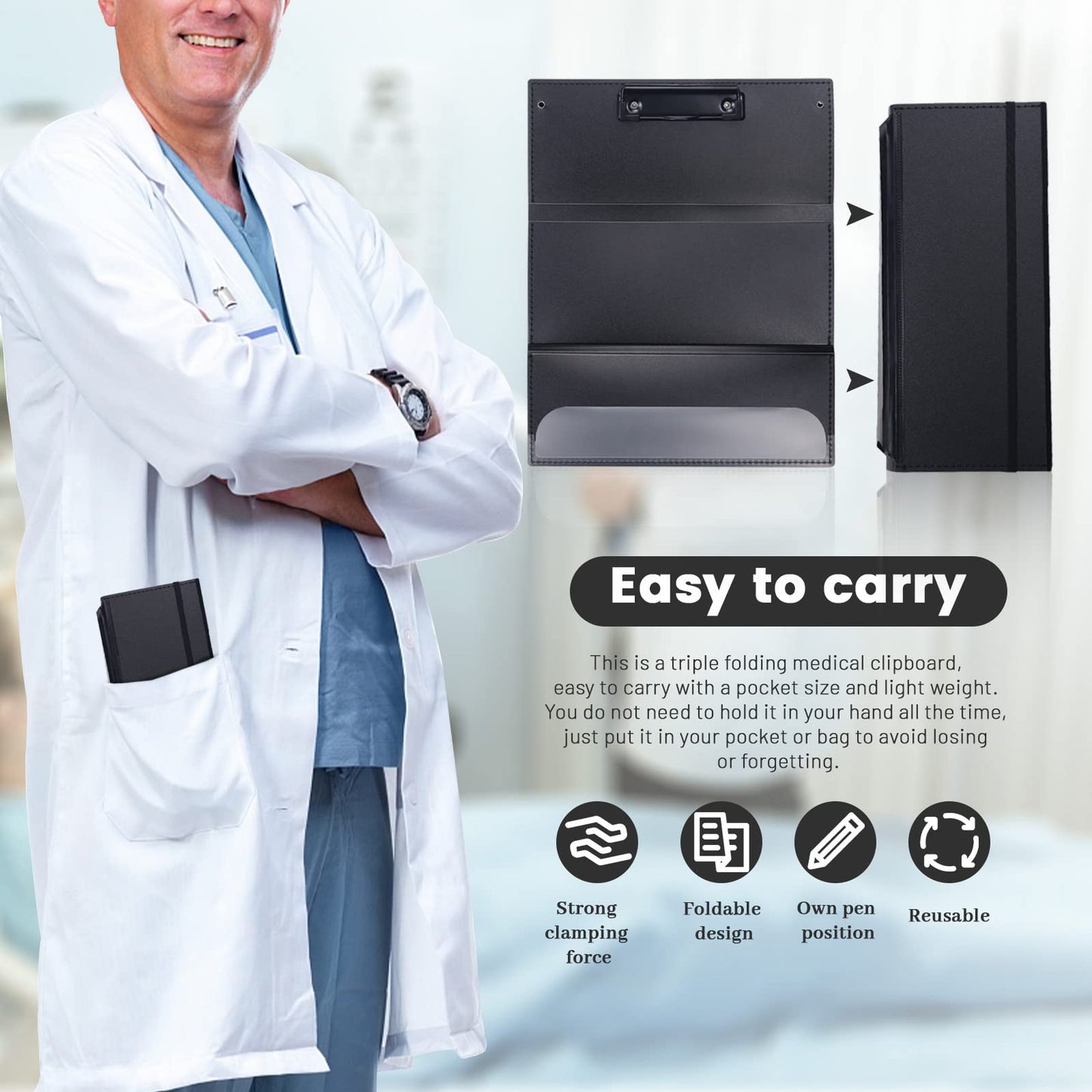 Portable Foldable Nursing Clipboard, Folding Metal Clipboard Pocket Size, Whitecoat Clipboard Nurse Edition Trifold, Occupational Therapy Clipboard for Doctors（Black）