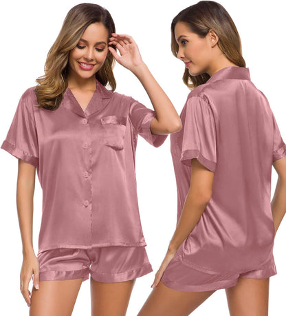 SWOMOG Womens Silk Satin Pajamas Set Short Sleeve Sleepwear Button Down Top and Shorts Loungewear 2 Piece Pjs Set XS-3XL