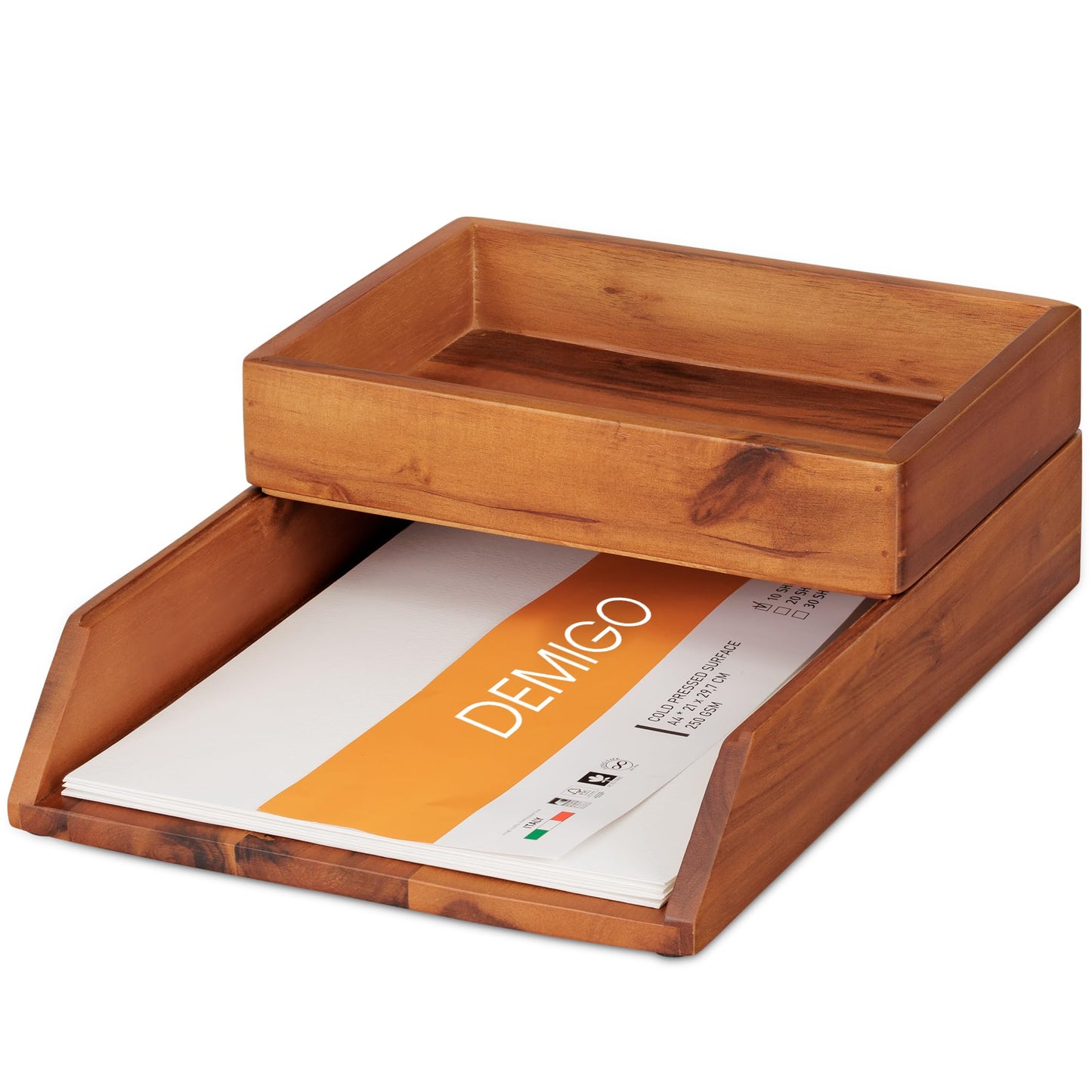 Demigo Desk Organizer Letter Tray Set of 2, Acacia Wood Tabletop Desktop for Storage Paper Letter Folders Notebooks Copy Print, Workspace Holder, Keep Stationery Saver (Brown)