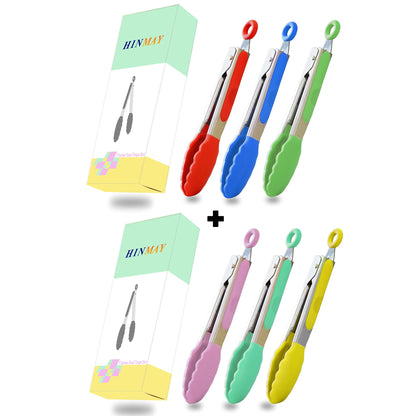 Small Silicone Tongs 7-Inch Mini Serving Tongs, Set of 3 (Black Gray White)