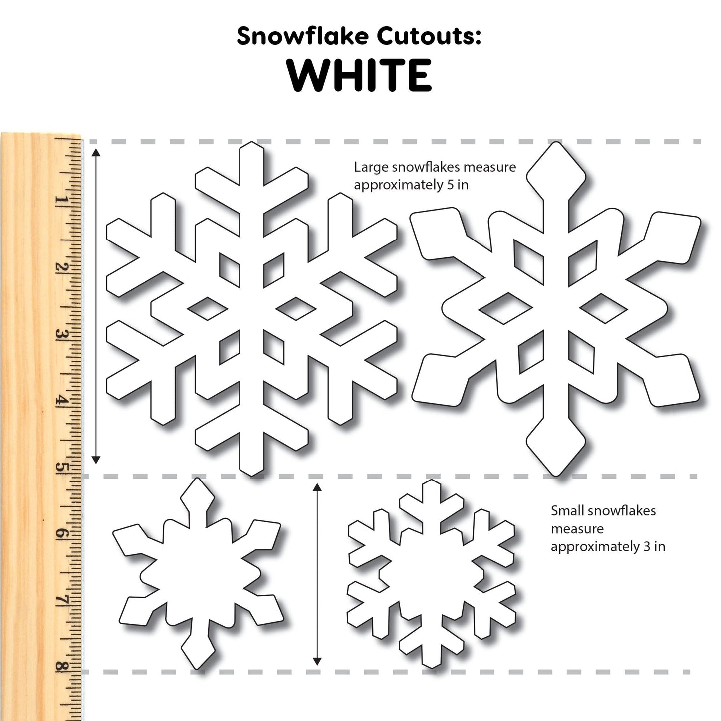 80 Pieces Snowflake Paper Cutouts with IDEA Guide, 2-Sided US Made Card Stock Punch Out White Snowflakes for Bulletin Boards, Classroom Decor - Small and Large Snowflake Decorations Winter Cutouts