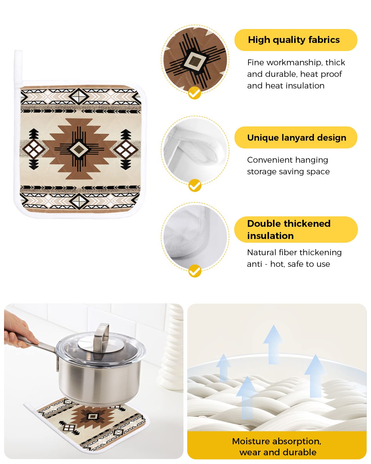 Southwest Pot Holders for Kitchen Heat Resistant Potholder, 4 Pack Hot Pads Multipurpose Oven Pads Terry Cloth Potholders Trivet for Cooking and Baking Tribal Indian Ethnic
