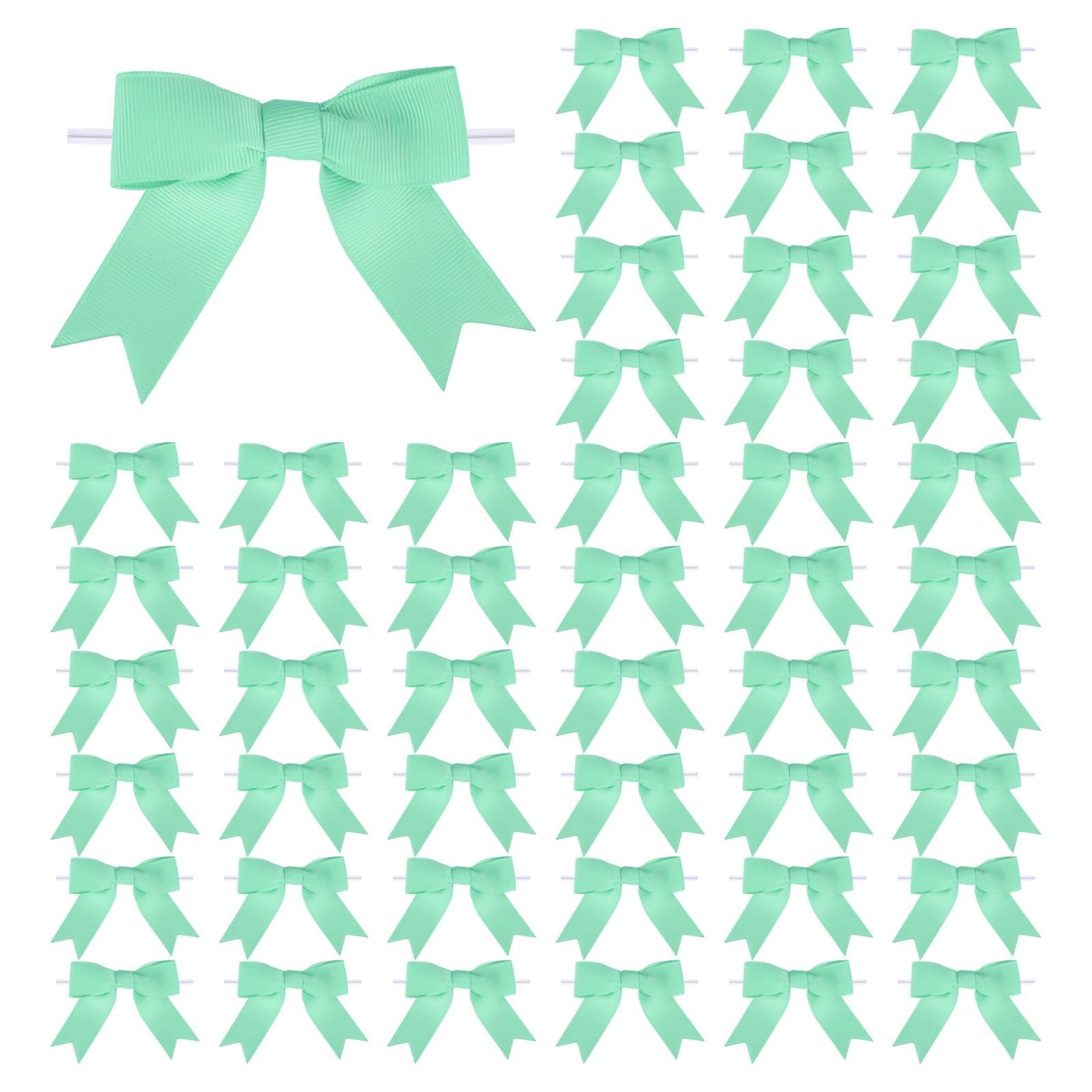 Meseey 50 Pcs 3 Inches Grosgrain Ribbon Twist Tie Bows Aqua Pretied Premade Craft Bows for Treat Bags Gift Wrapping Basket Wedding Baby Shower Brithday Christmas Party (Aqua)