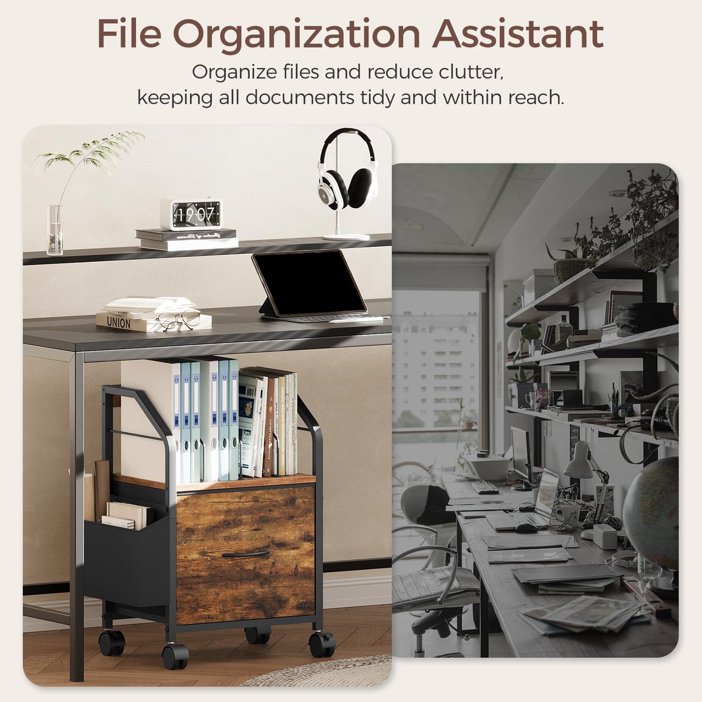 MAHANCRIS Small File Cabinet, Rolling Filing Cabinet for Under Desk with Divider, Single Non-Woven Fabric Drawer File Organizer for A4/Letter Size Documents, Under Desk Storage, Rustic Brown FCHR3001