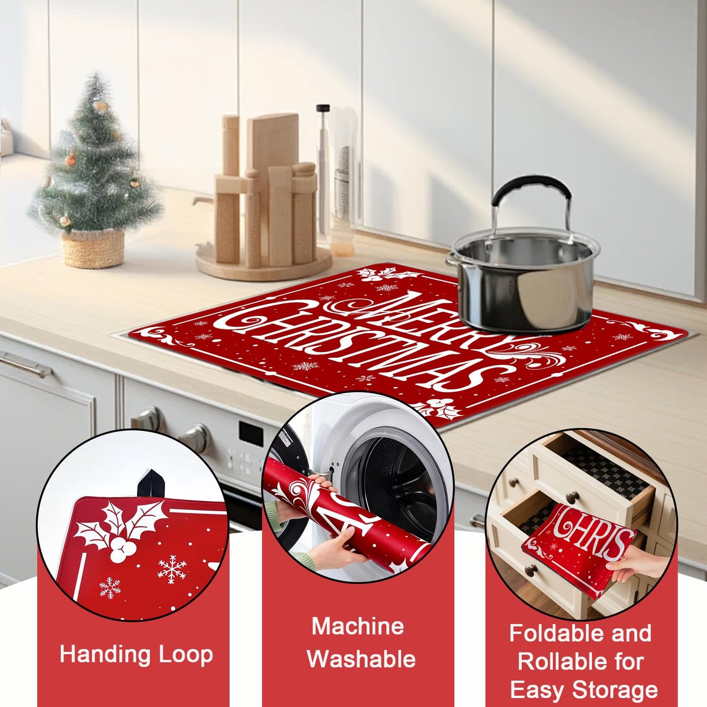 Christmas Stove Top Cover for Electric Stove, Merry Christmas Range Covers, Snowflake Range Top Mats, Glass Cooktop Covers 28x20 inch, Red Cooktop Cover for Kitchen Winter Holiday Home Decor