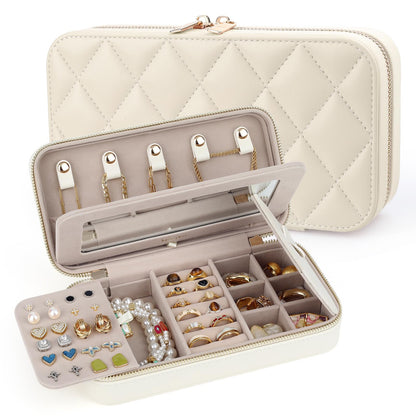 Lumayina Travel Jewelry Case with Mirror, Quilted Small Jewelry Box Organizer for Women Girls, Portable Earring Necklace Bracelet Ring Holder Storage for Travel Weekend Trips (Beige)