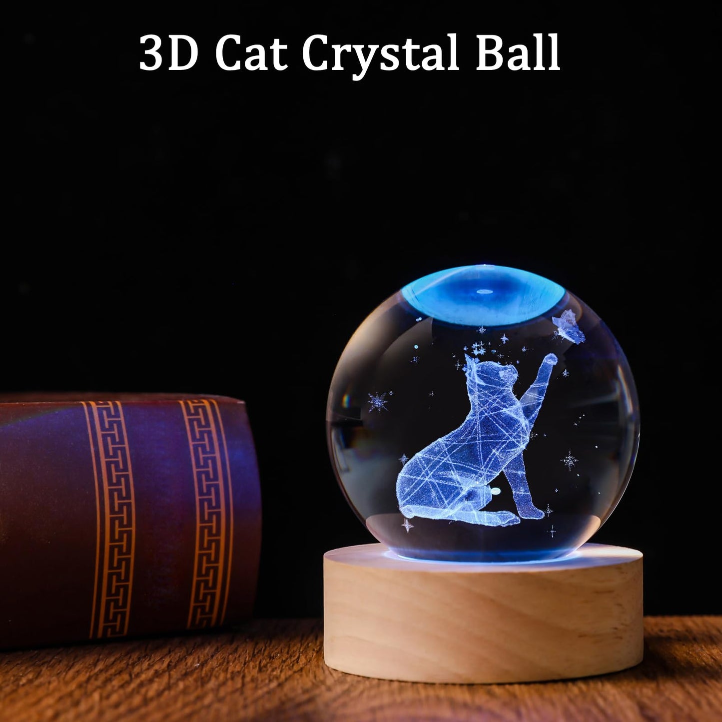 QIANRUNA 60mm 3D Crystal Ball Cat Lover Gifts for Women Cat Themed Sympathy Figurines Decor Gifts with Wooden Light Base