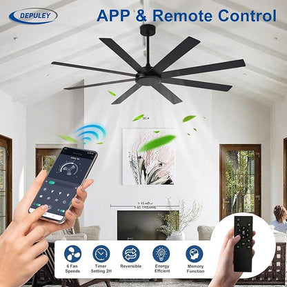Depuley Black Ceiling Fan without Light: 66 Inch Indoor/Outdoor Fan Reversible DC Motor 6 Speed - Dual 8 Blades Large Ceiling Fans with No Light for Living Room Covered Patio