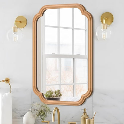 Wood Mirror for Bathroom, 20" x 30" Rectangular Wall Mirror for Bathroom Vanity with Wooden Frame Farmhouse Rounded Corner Wall Mirror Decor (Horizontal/Vertical)