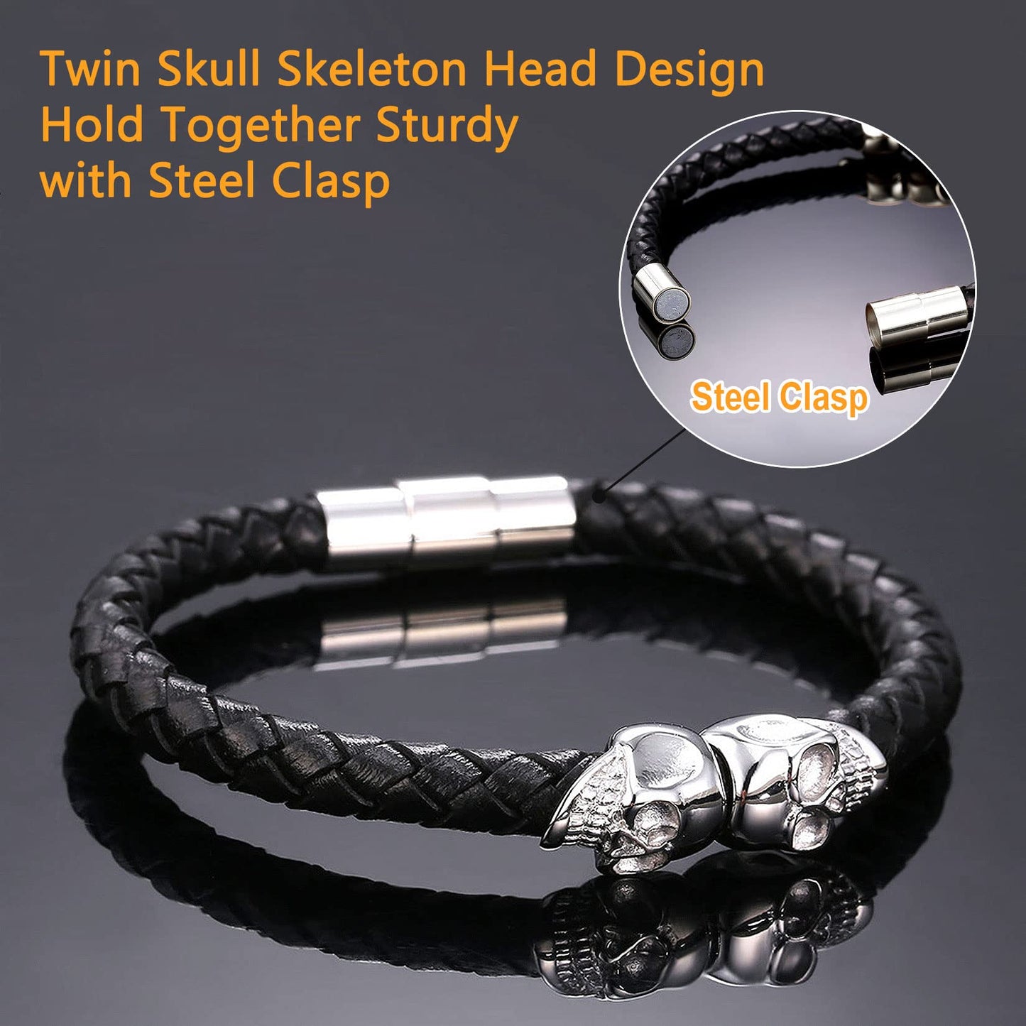 U7 Personalized Skull Bracelets Men Biker Surfer Bracelet Bangle with Stainless Steel Clasp, Braided Black Leather Gothic Twin Skeleton Cuff Bracelet (8.3")