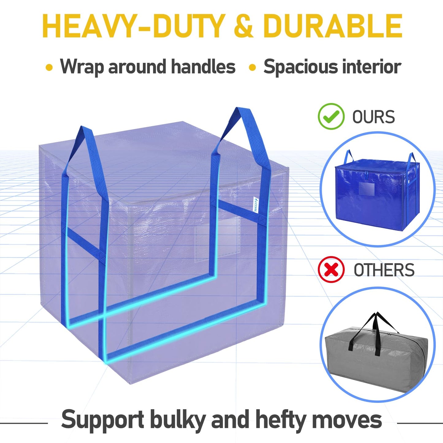 TICONN 2 Pack Extra Large Moving Bags with Zippers & Carrying Handles, Heavy-Duty Storage Tote Moving Boxes for Space Saving (2 PK, 45 Gallon)
