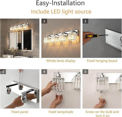 Modern 4-Light Chrome Crystal Bathroom Vanity Light Fixtures