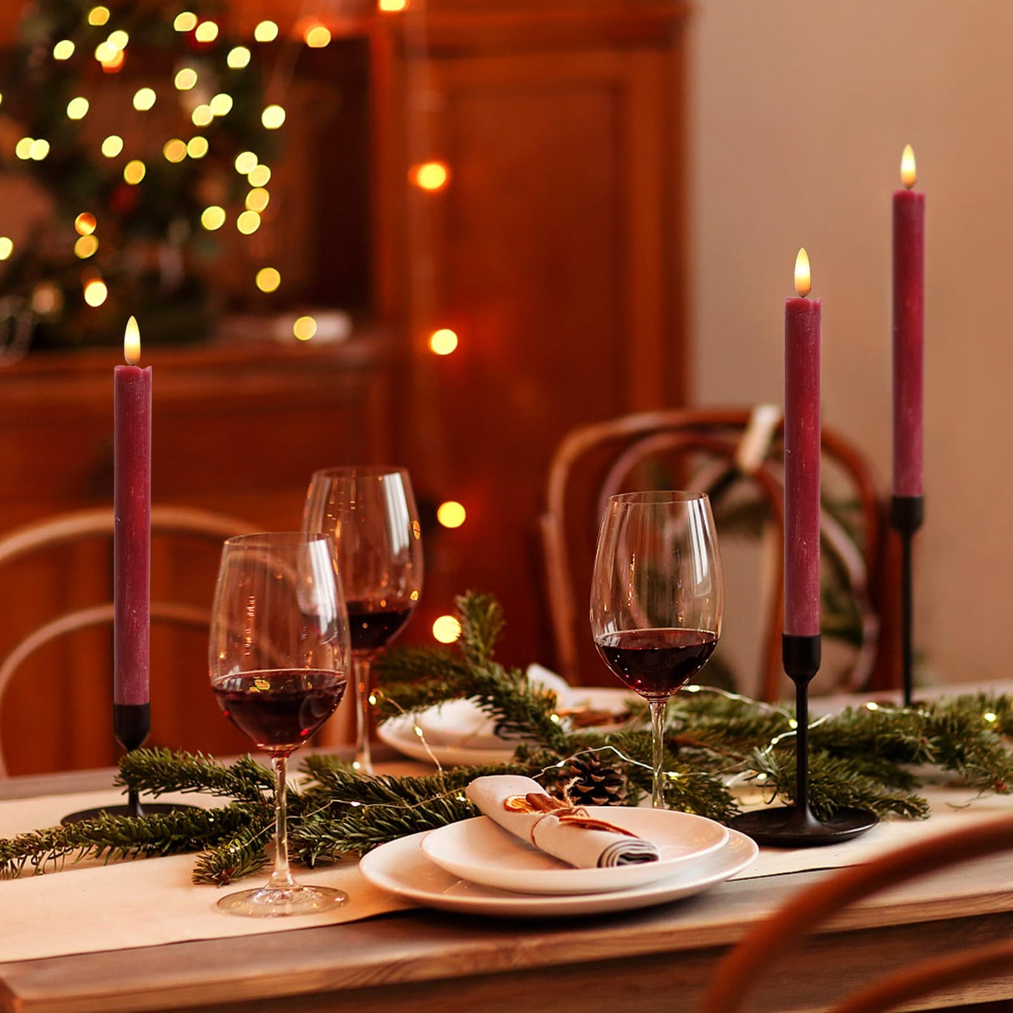 Lasumora Red Flameless Taper Candles Battery Operated Flickering with 6H Timer, 3D Wick LED Taper Candles Real Wax Candlesticks, Party Christmas Home Decor 6 Pack 9.6" Christmas Red
