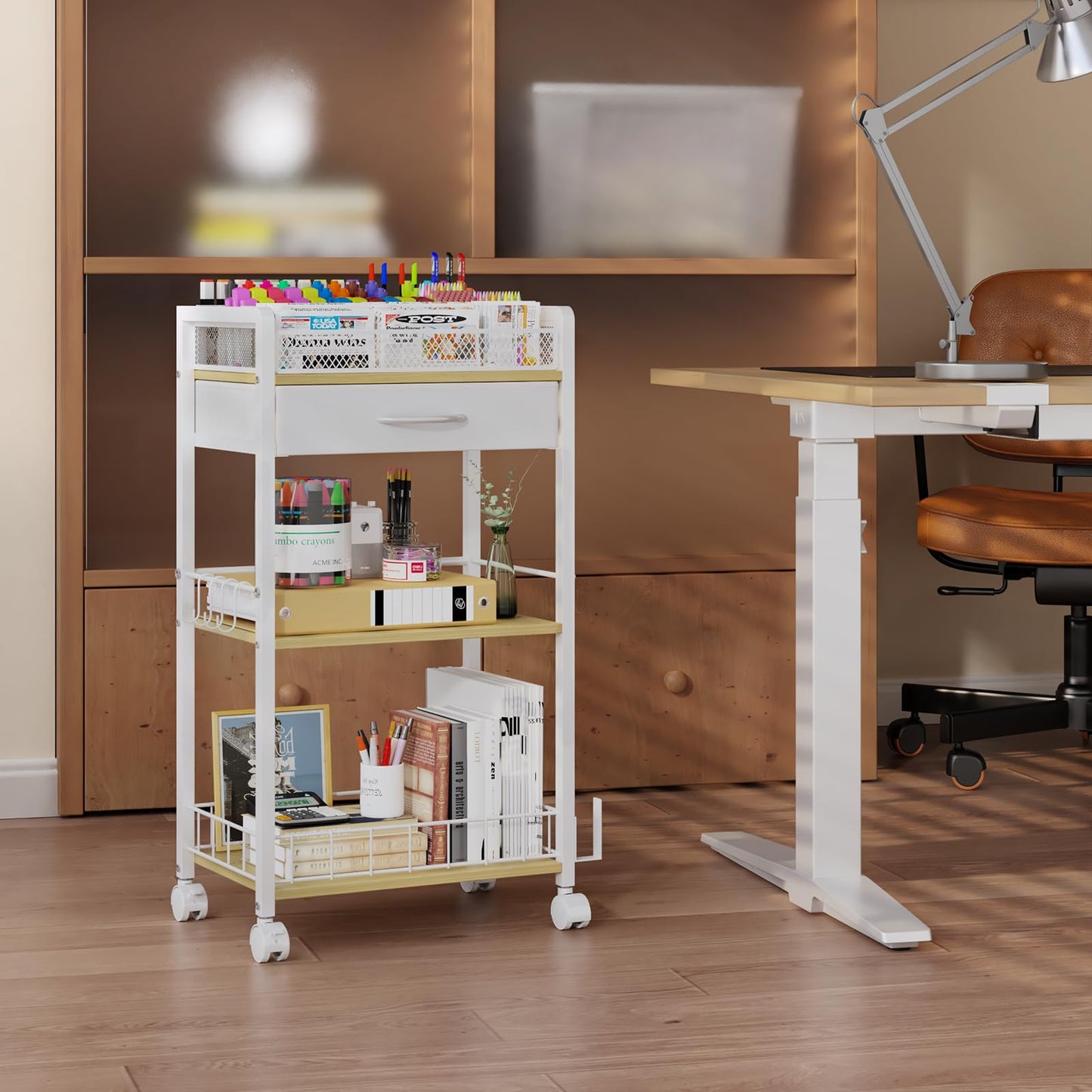 Homsorout 3 Tier Rolling Cart - Metal Utility Cart with Storage Drawer and Wheels, Versatile Art & Craft Organizer for Home, Office, or Studio Ideal for Storing Brushes, Paints, and Supplies White