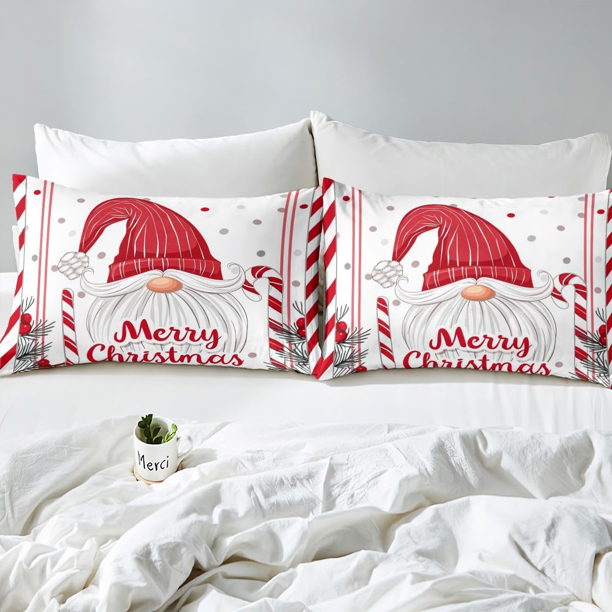 Feelyou Kids Merry Christmas Bedding Set Full Size Santa Claus Comforter Cover Set for Boys Girls Xmas Candy Cane Polka Dots Duvet Cover Happy New Year Bedspread Cover (No Comforter)
