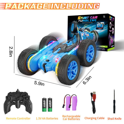 Terucle Remote Control Car, Rc Cars Stunt Kids Toys New Upgraded Strip Lights and Headlights Double-Sided 360° Rotating 4WD Drift Truck for Boys Girls Birthday Gift (Blue)