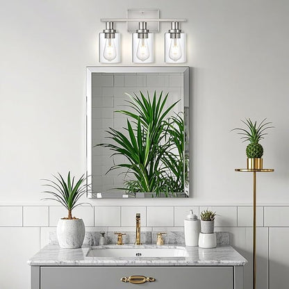 Bathroom Vanity Light,3-Light Brushed Nickel Vanity Light, Modern Matte Black Wall Sconce Lighting with Clear Glass Shade,Wall Mounted Lamps for Mirror Bedroom,Living Room