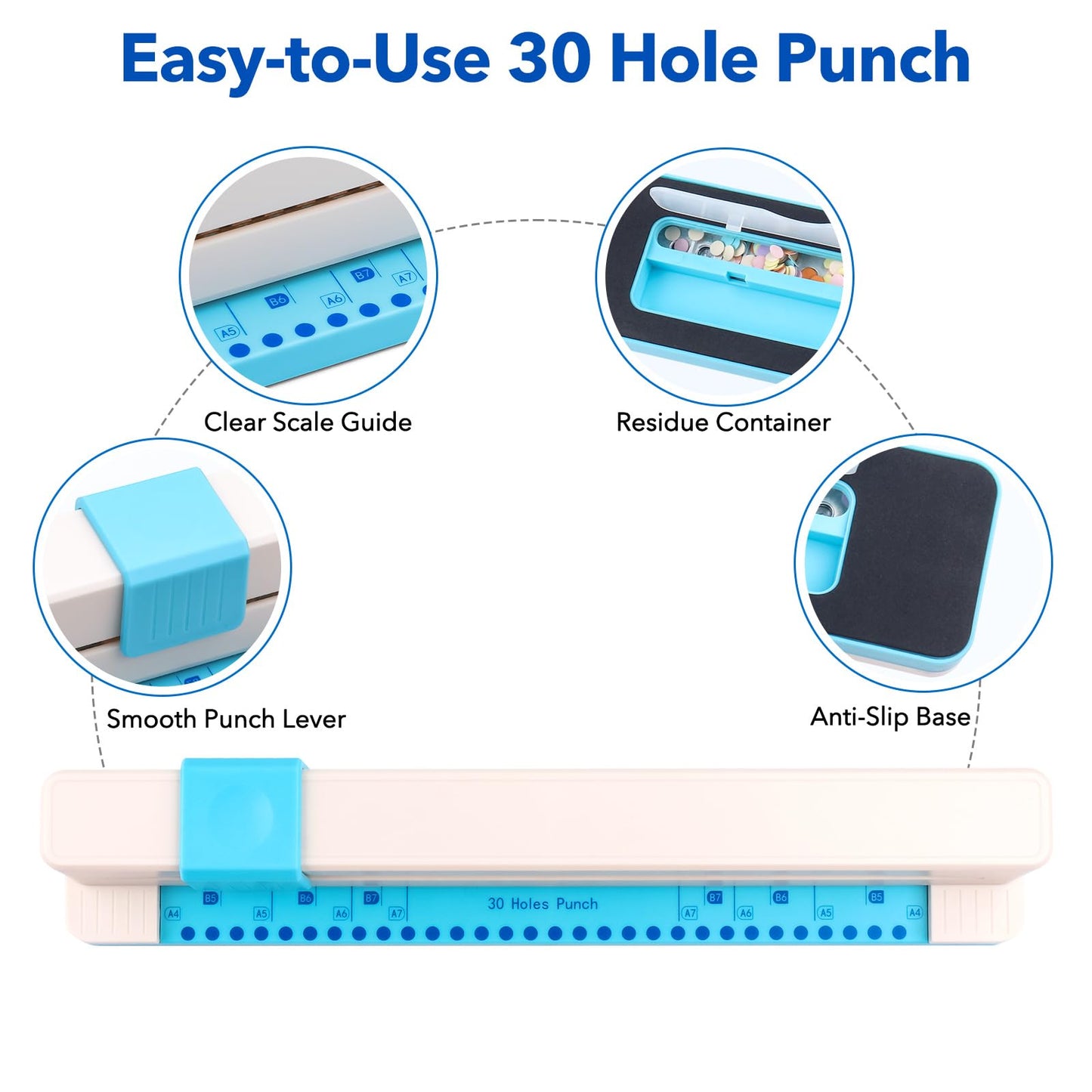 30 Hole Paper Punch, Binding Machine for Planner, A4 A5 A6 A7 B5 B6 B7 Book Binder Notebooks Loose Leaf Paper Punch Machine, Portable Adjustable Hole Puncher, 5-Sheet Capacity, for School, Office