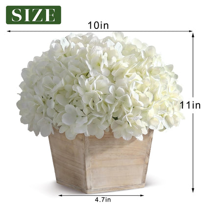 YXZZWL 10" Artificial Hydrangea Arrangement in Planter for Table Centerpiece, Lifelike Fake Hydrangea Potted Plant, Silk Faux Flowers in Wood Planter for Farmhouse Home Office Shower Decor (White)