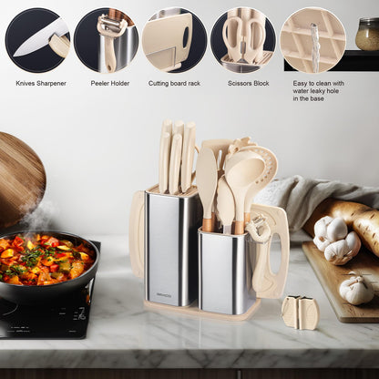 RAXCO Kitchen Utensils Set,18-Piece Cooking Tools and Sharp Knives,Stainless Steel Holder and Cutting Board