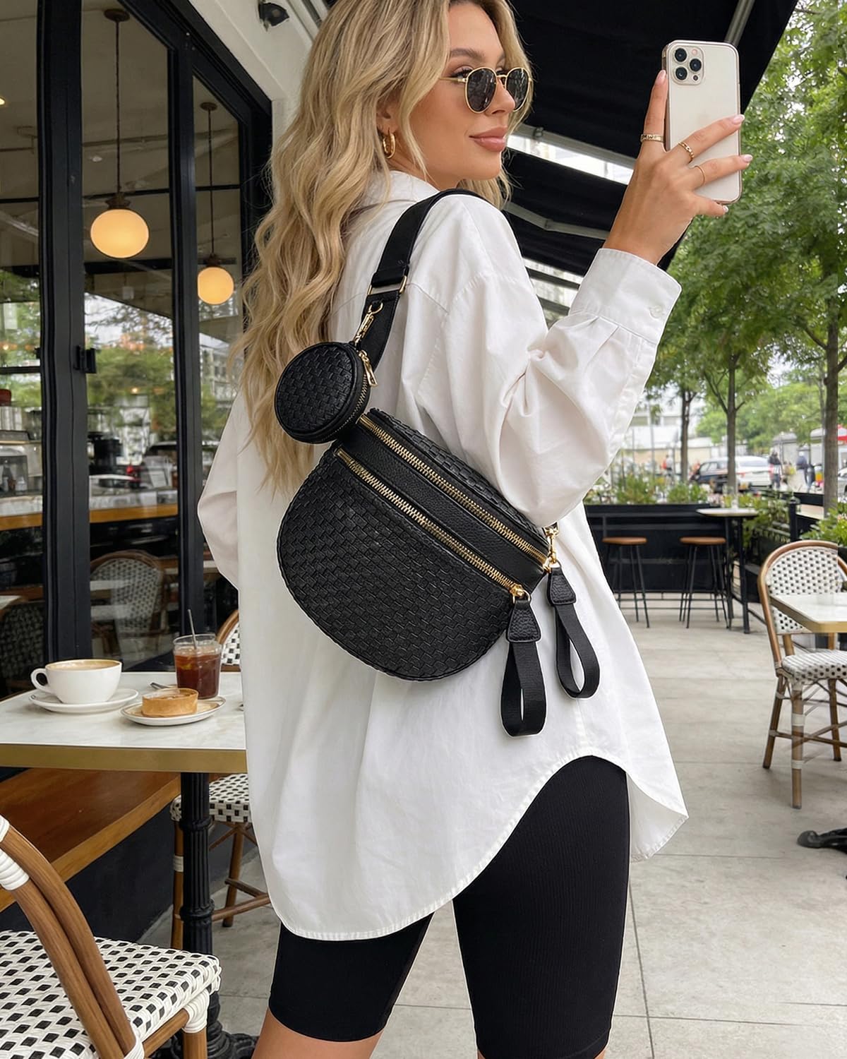 Valentoria Large Woven Leather Crossbody Bags for Women Bum Bag Sling Bag Purse With Adjustable Strap Detachable Wallets Must Haves Cross body Bag (Black Checkered)
