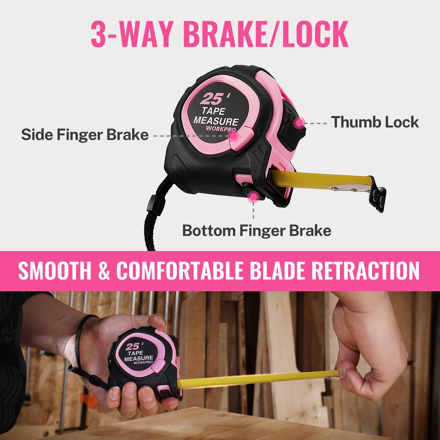 WORKPRO 25-FT Tape Measure with Fractions, 3 Brakes Retractable Measuring Tape, Compact Measurement Tape with Magnetic Hook, Nylon Coating Blade Accuracy 1/32”, Pink