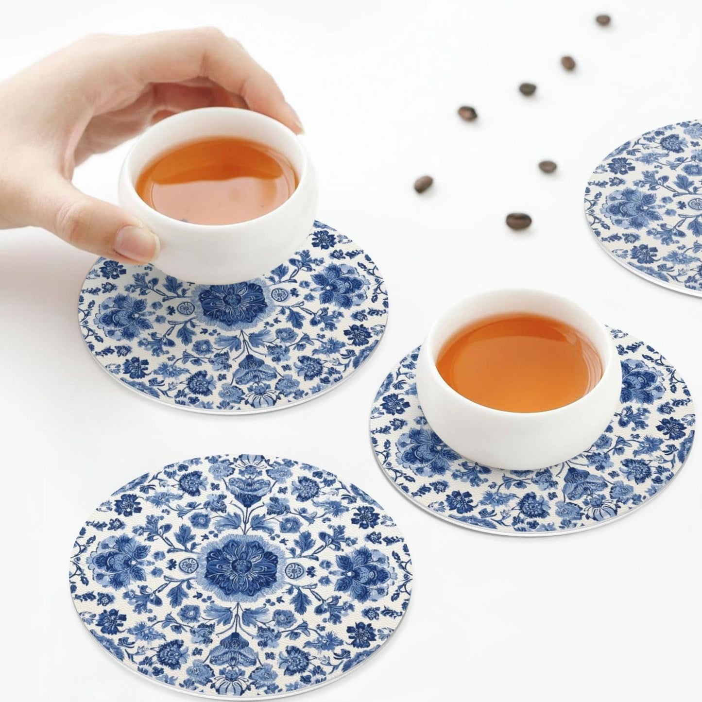 White Blue Pattern Coasters for Drinks Absorbent Leather Coasters Set of 6 for Coffee Table Cup Bar Desk Round Coaster Mats Holiday New Home Decors