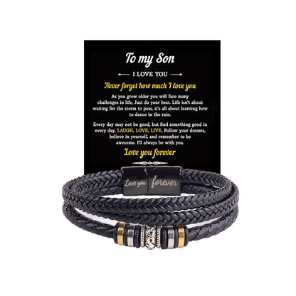 LIU JUN To My Son Grandson Bracelet From Mom Grandma, Infinity Knot Love You Forever Linked Together Handmade Leather Cuff Mens Birthday Weave Gift Jewelry (Love You Forever)