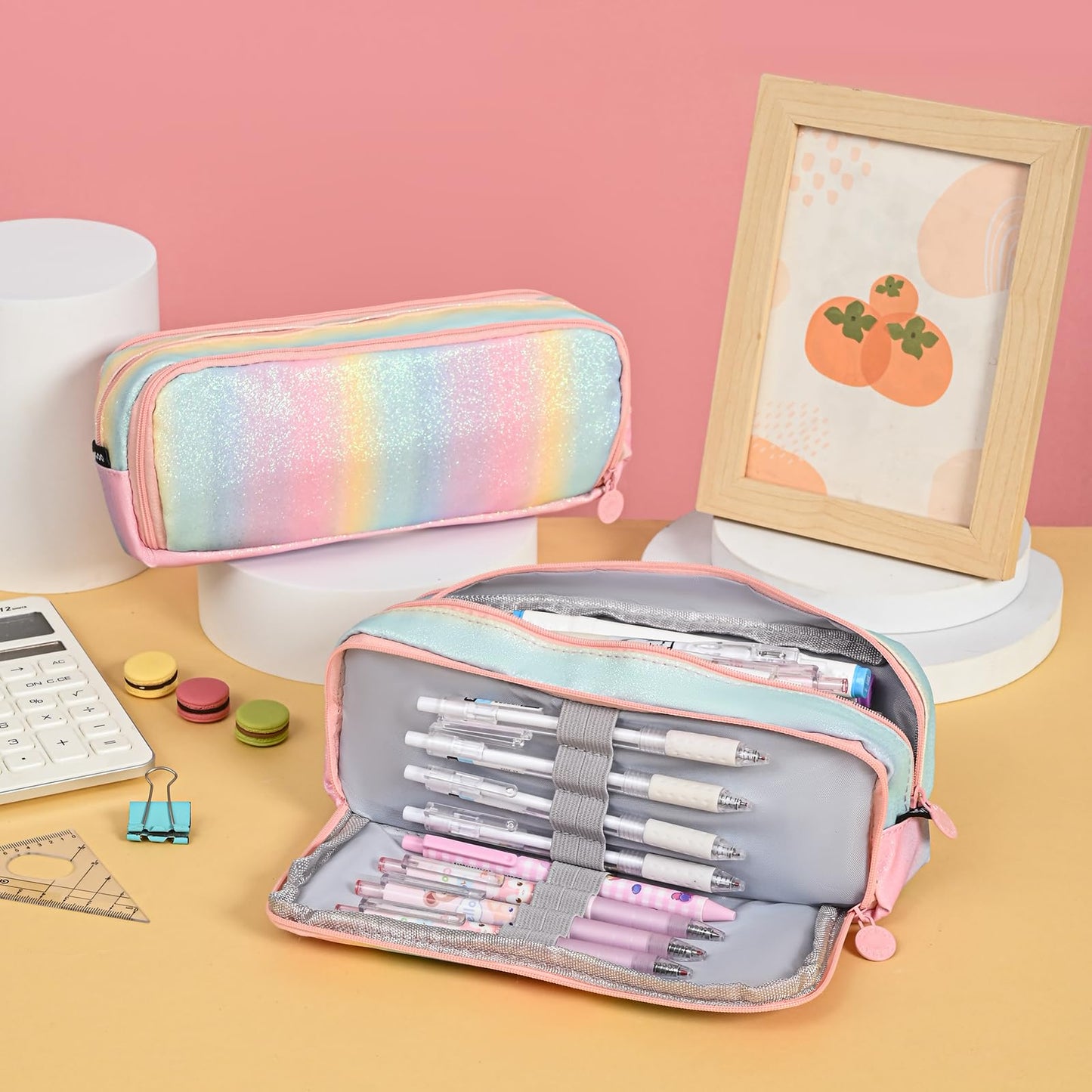 BETURETOP Glitter Rainbow Pencil Case, Large Capacity Pencil Pouch Pen Bag Organizer with 3 Compartments for Student School Office Supplies, Cute Pencil Holder Pen Box Stationary Bag
