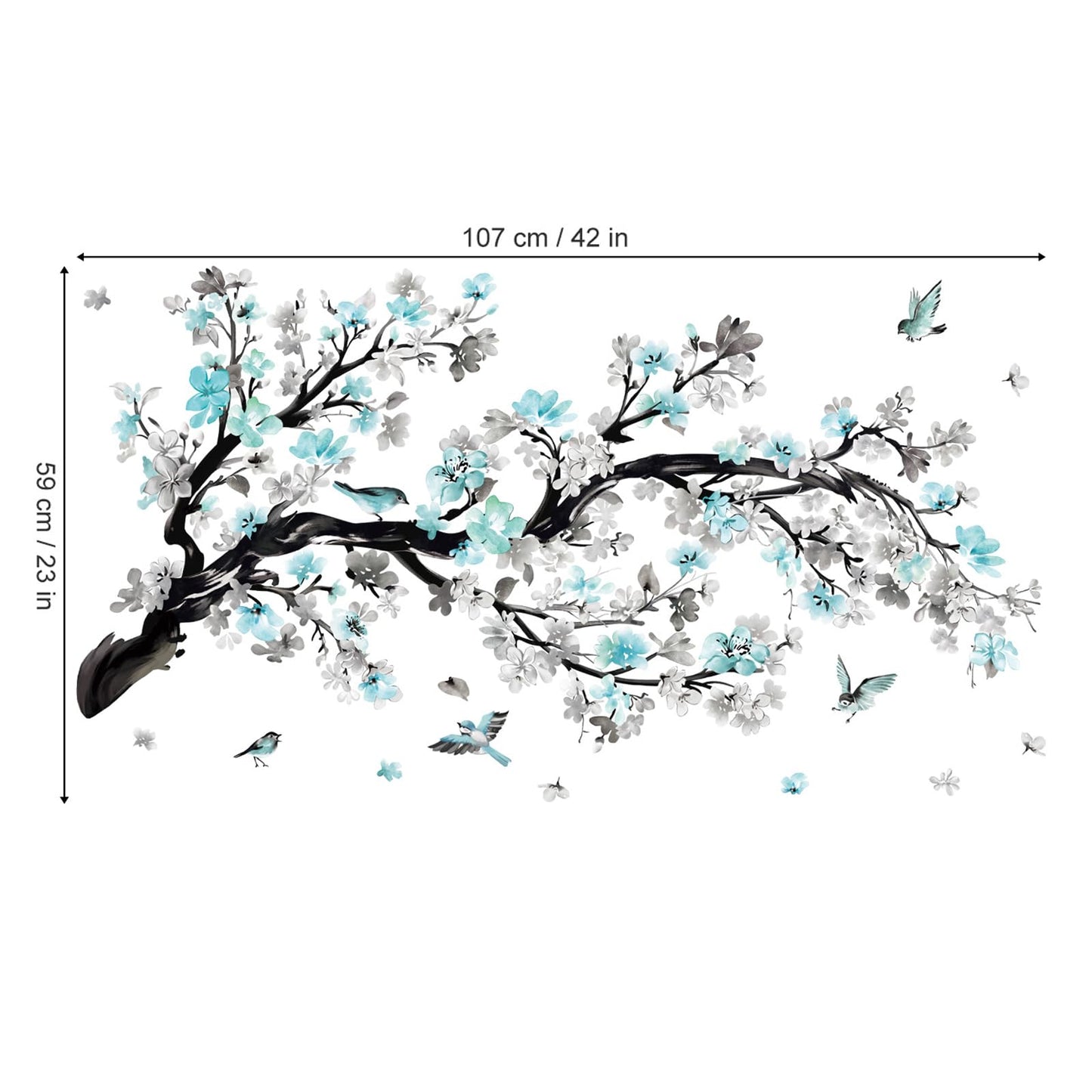 wondever Watercolor Blue Flower Branch Wall Stickers Blossom Tree Floral Birds Peel and Stick Wall Art Decals for Living Room Bedroom Sofa Background