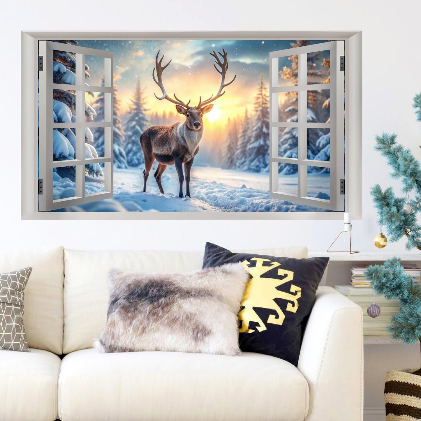 Winter Wall Stickers 3D Fake Windows Wall Stickers Christmas Wall Decals Peel and Stick Forest Wall Sticker Snowy Landscape Walls Decals Winter Pine Tree Art Murals for Living Room Bedroom Decor
