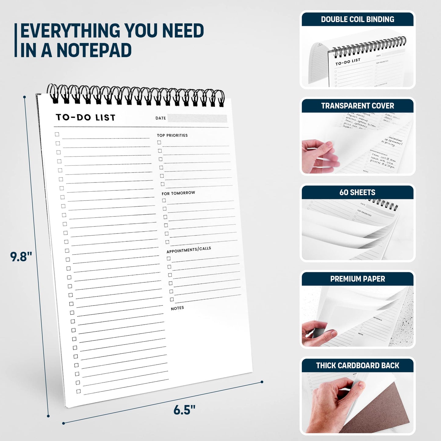 To Do List Notepad 3 Pack: Has Multiple Functional Sections - 6.5 x 9.8" 60 Sheets - Spiral Daily Planner Notebook - Task Checklist Organizer Agenda Pad for Work, Note and Todo Organization