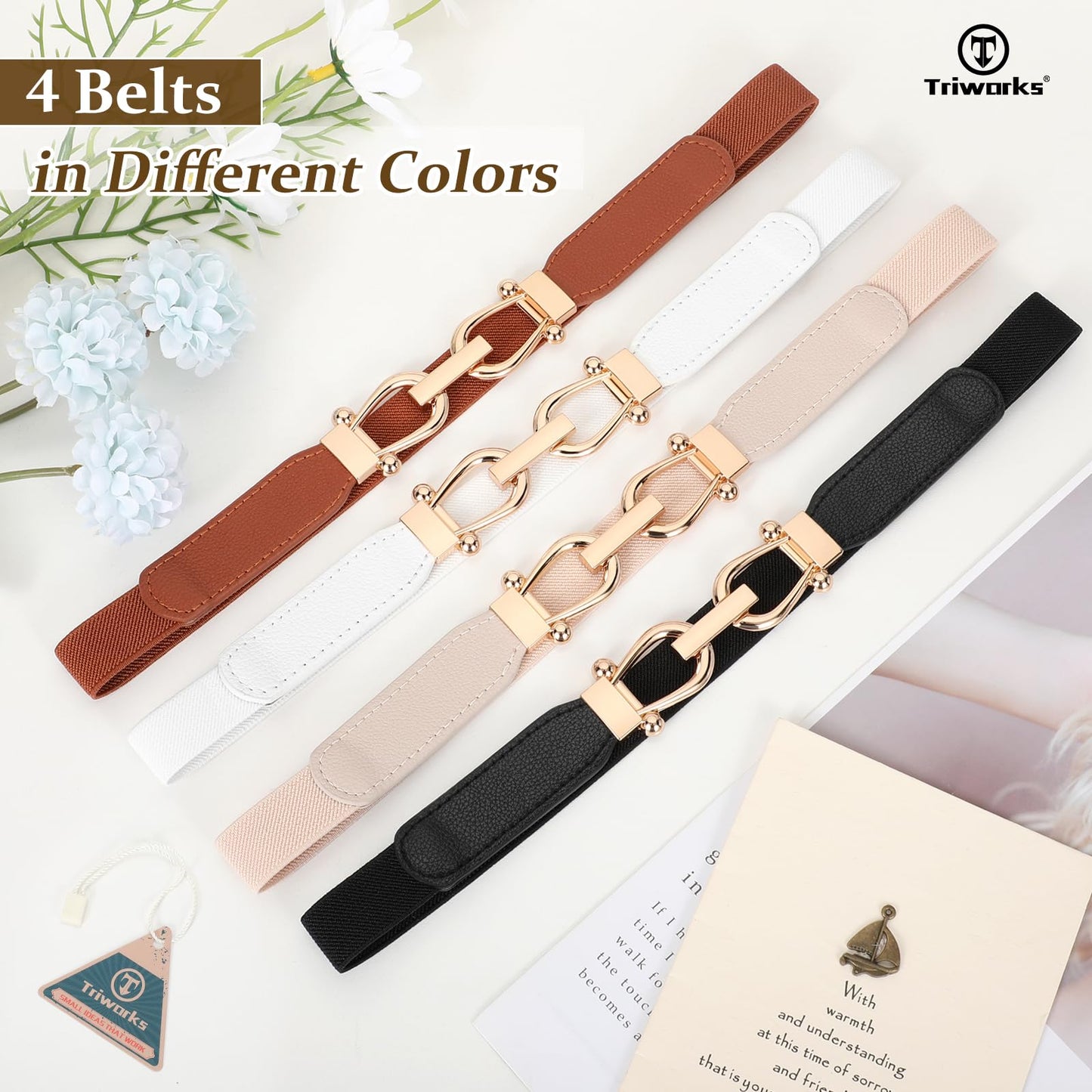 TRIWORKS 4 Pack Skinny Elastic Belts for Women Gold Buckle Thin Stretchy Waist Belts for Dresses