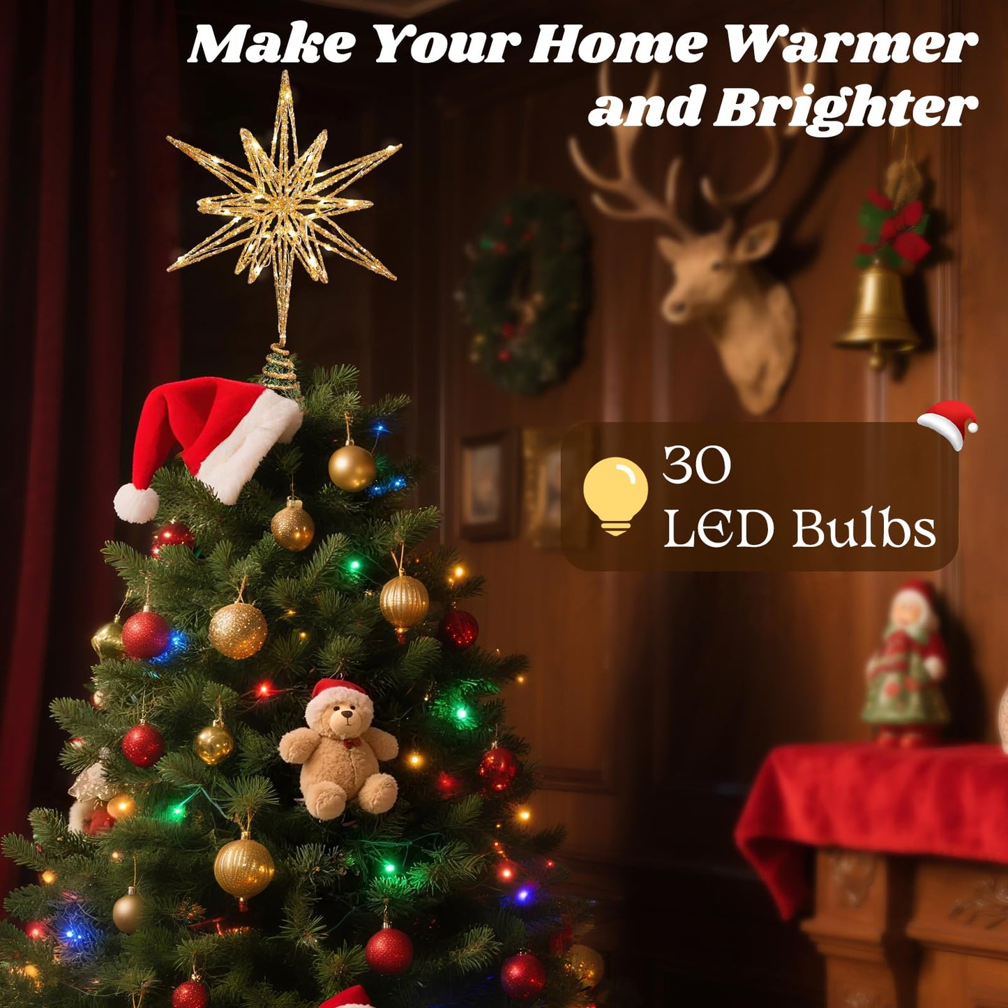 Lewondr Christmas Tree Topper, 13.78'' Metal Xmas 3D Geometric Tree Topper with 30 LED Bulbs, USB Remote Control Lighted Multi-Pointed Star Treetop, 6H Timer, 8 Modes Christmas Decor for Home, Gold