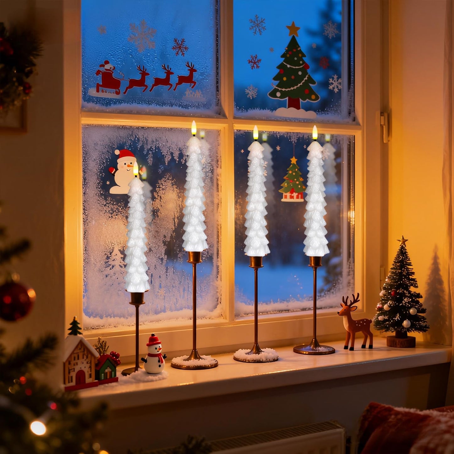 GenSwin Christmas Tree Flameless Candles with Remote Timer, White Christmas Tree LED Taper Candles with 3D Flickering Flame, 4 Pcs LED Candlesticks for Christmas Winter Home Decoration(0.78” x 9.8”)
