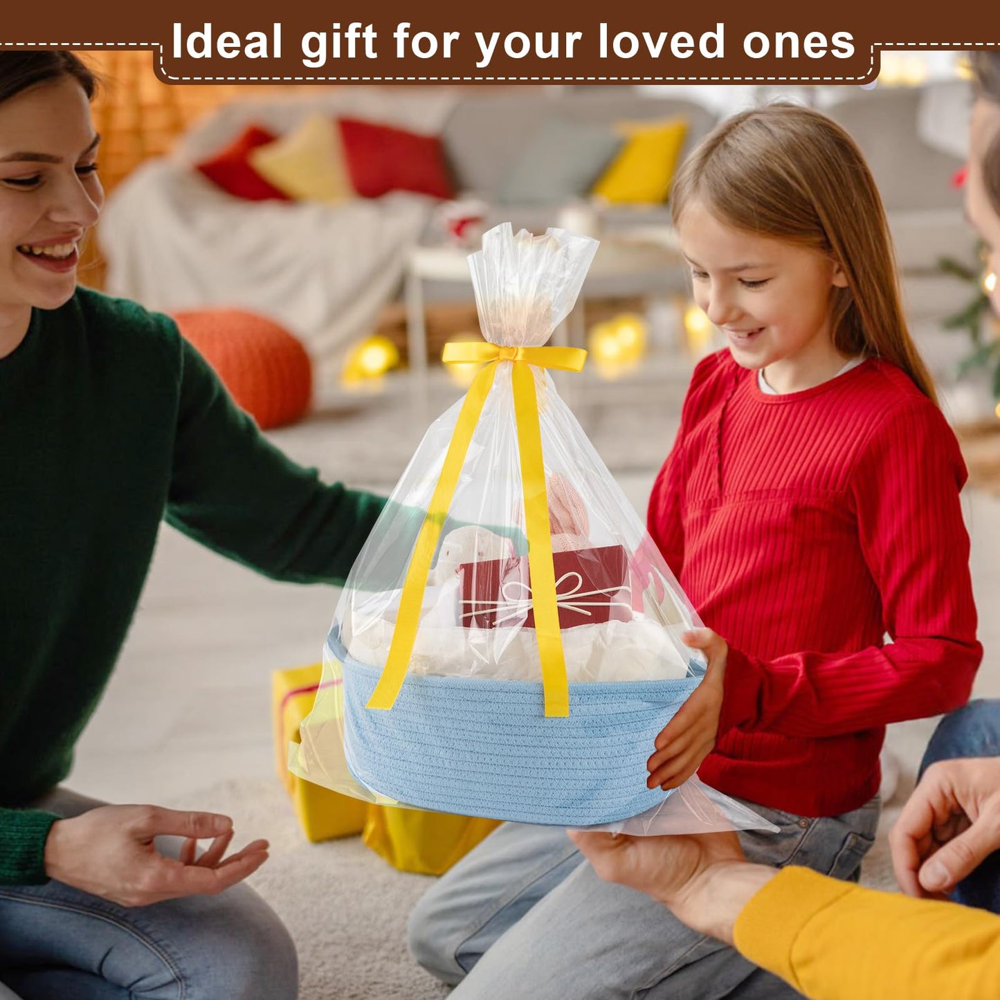 OIAHOMY Gift Basket with Handle, Small Woven Basket with Gift Bag, Ribbon and Wrap Tissue Paper, Nursery Bins Empty to Fill with Small Items, Baby, Pet Toy Organizer - Blue
