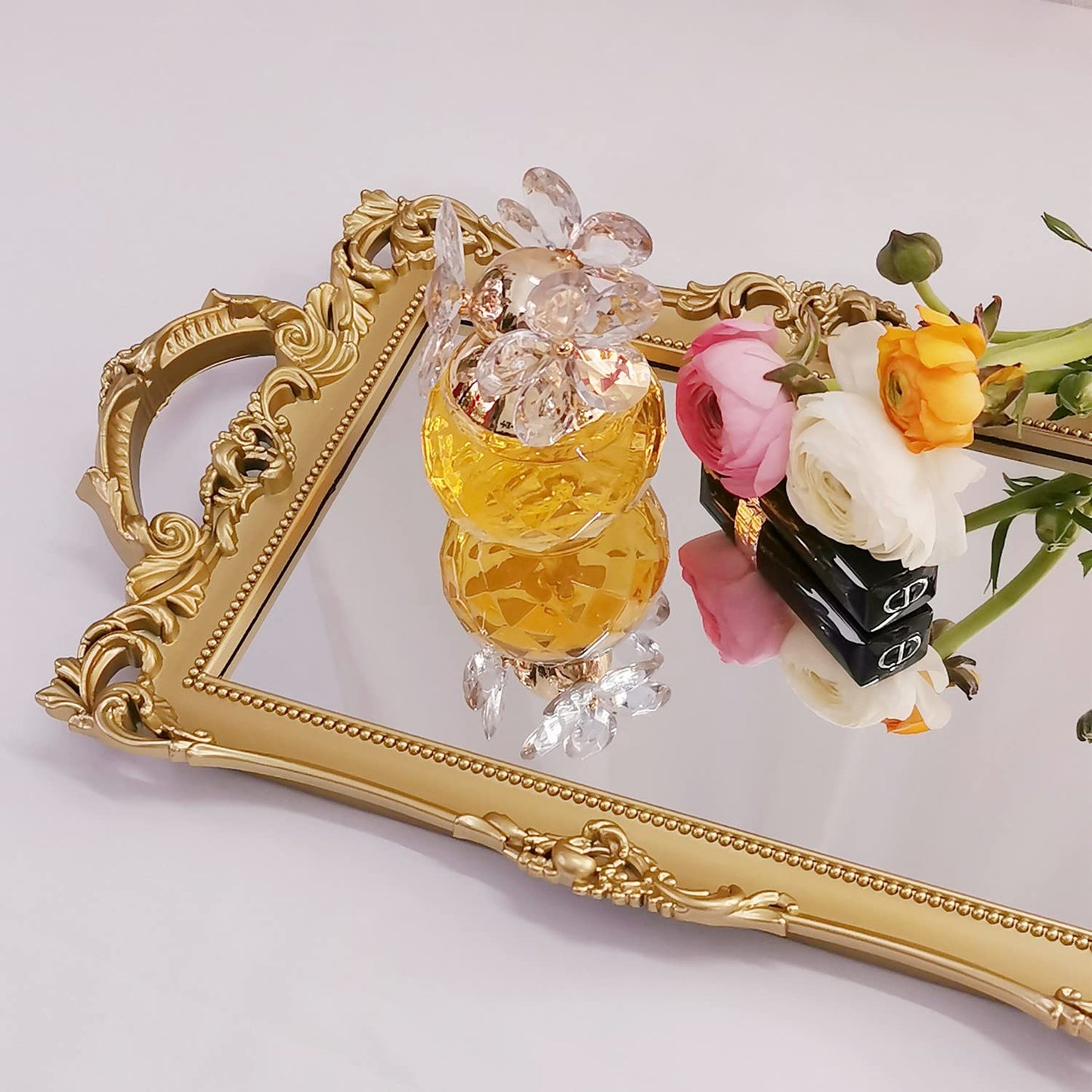 Yamfurga Small Rectangle Decorative Mirror Tray, French Style, Makeup Organizer, Jewelry Organizer, Serving Tray, 13"x 7.8", Gold